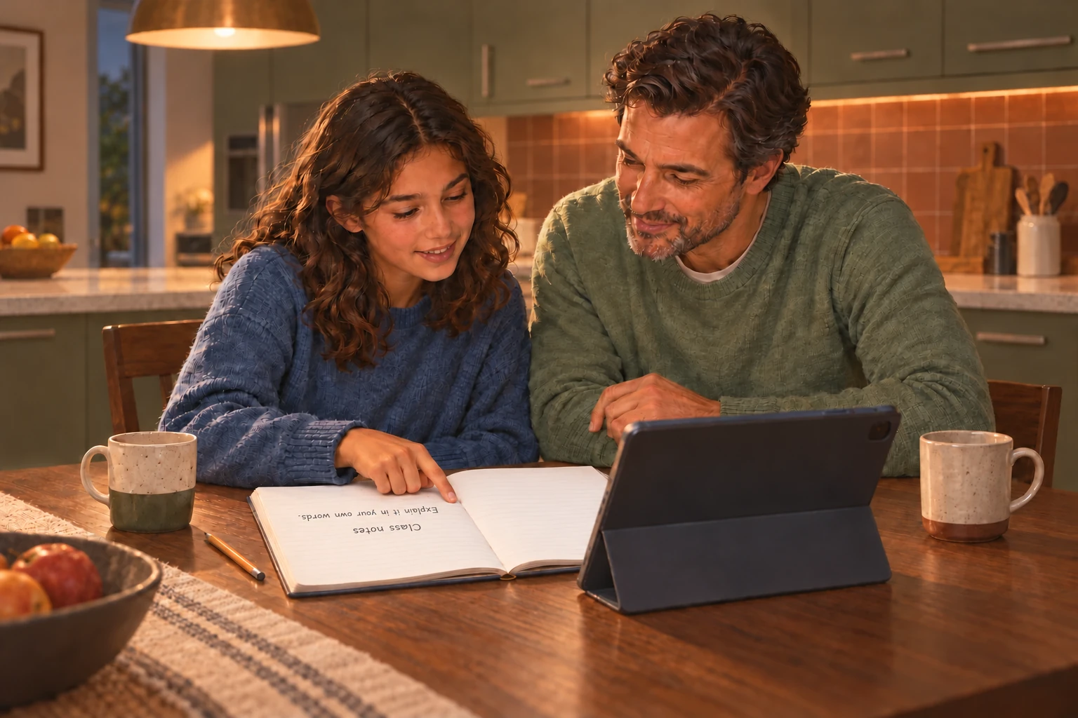 A father and daughter revisit class notes together at a walnut table in an olive-and-terracotta kitchen, with a tablet facing them.